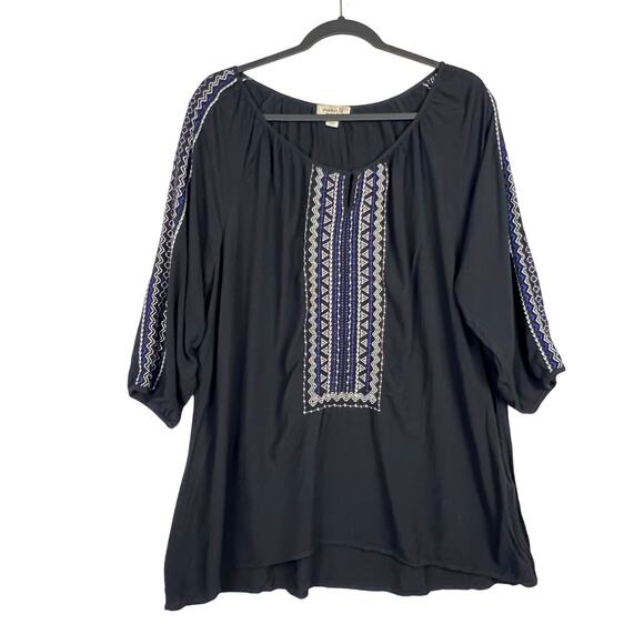 One World 1X Women's Black V Neck 3/4 Sleeve Embroidered Peasant Wintop Blouse - Picture 1 of 10